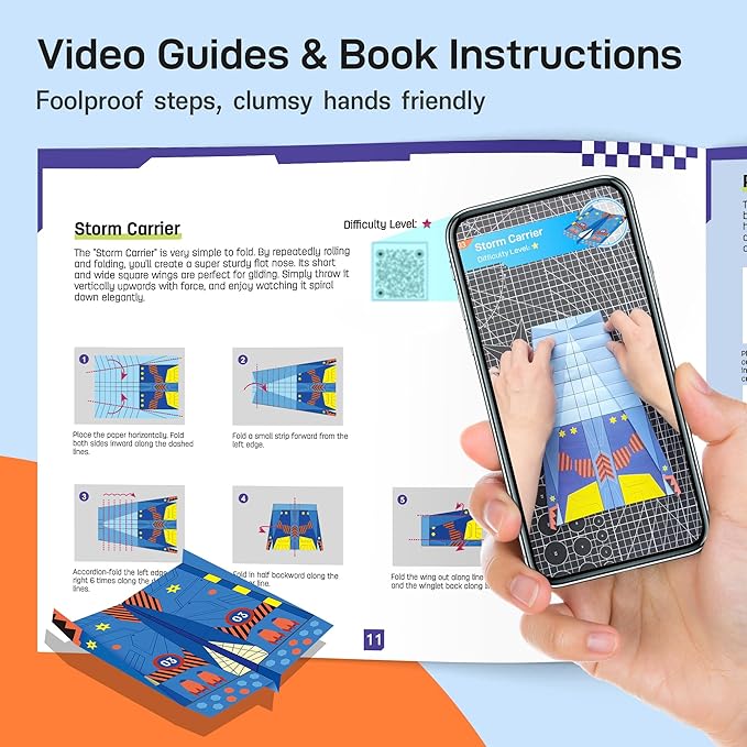 Leven DIY Paper Airplane Book, 16 Creative Folding Paper Planes with 48 Sheets of Colorful Origami Paper, Arts & Crafts Kit with Video Tutorials – Gifts for Boys and Girls Ages 6–12+ 11 * 8.3 inches