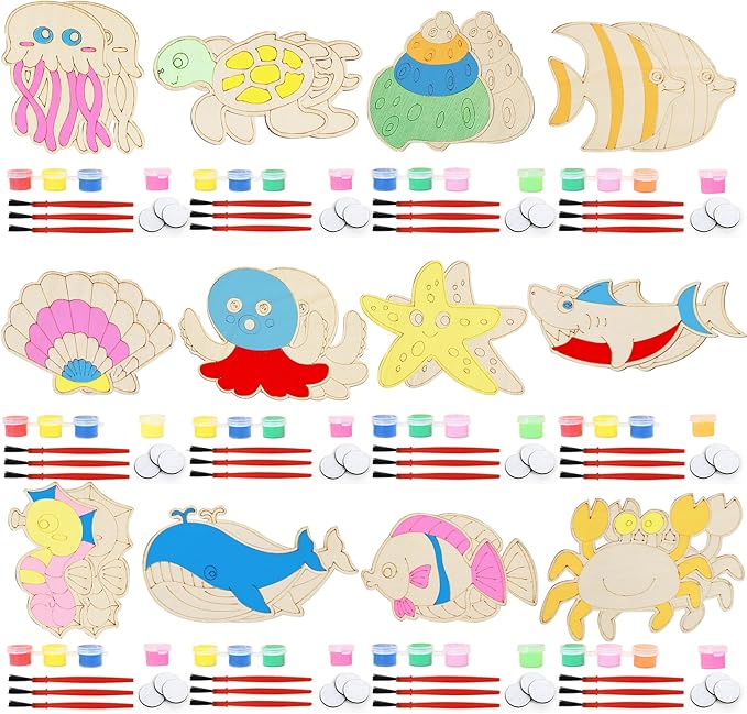 LARDUX Under The Sea Party Favors, 24PCS DIY Sea Ocean Animals Party Favors Wooden Arts & Crafts Painting Kit for Kids, Glow in The Dark Family Crafts Birthday Party Gifts Toys for Boys Girls