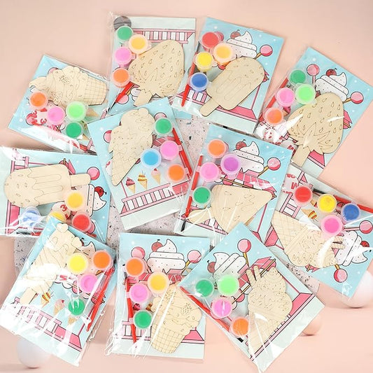 LARDUX 24pcs Ice Cream Party Favors Wood Painting Crafts - 8 Styles Ice Cream Shape Unfinished Woodchips Cutouts Craft Kits with Glow in The Dark Paint DIY Party Favors Birthday Party Decorations