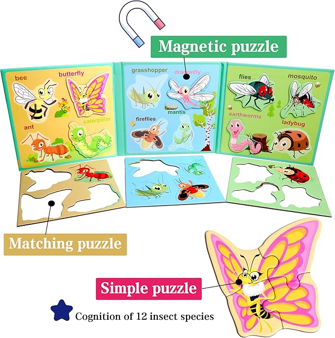 Magnetic Puzzles for Kids Ages 1-3, Travel Toddler Puzzles Ages 2-4 Year, Insect Activities Toy for Boys & Girls 3-5 yo - Learning Magnet Gift for Road Trip