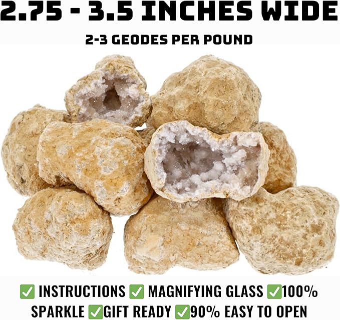 Break Your Own Geode Kit โ 10 Natural Geodes 2.75 to 3.5 Inch Crack-Open Experience + Easy to Open + Tools + Geologist Guide โ Less Effort for Easy Reveal โ STEM Activity + Collectable Gems - Large