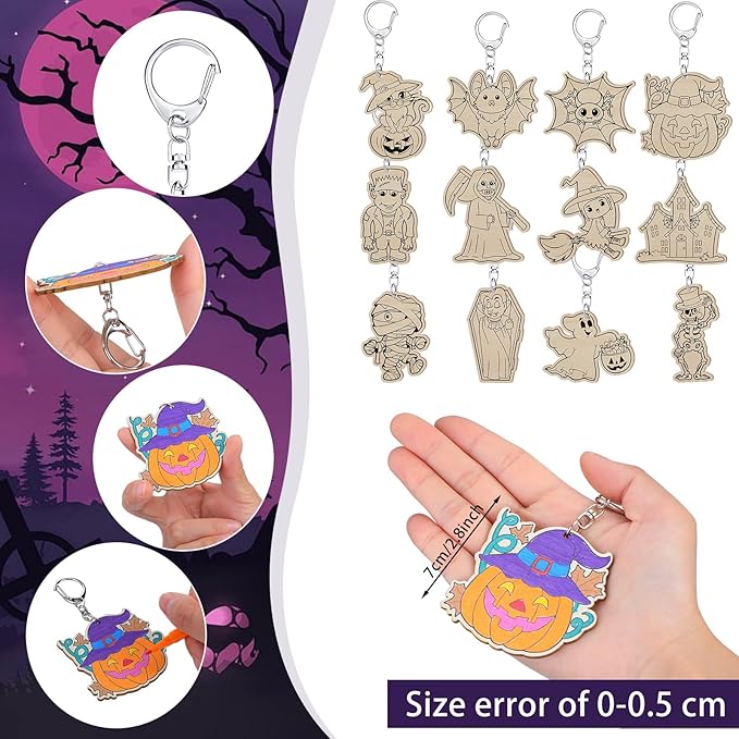 Trnayi 24 Sets Halloween Party Favors Gift Color Your Own Ghost Pumpkin Spider Witch Bat Unfinished Wooden Keychains DIY Crafts for Halloween Birthday Holiday Home Activities