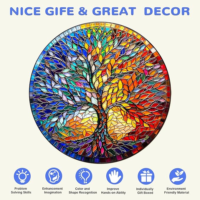 WOODBESTS Wooden Puzzles for Adults, Stained Glass Tree Wood Puzzles Adult(100 Pieces, S, 8.5 * 8.5in), Unique Shape Wooden Animal Jigsaw Puzzles, Birthday Gifts for Adults Family Game