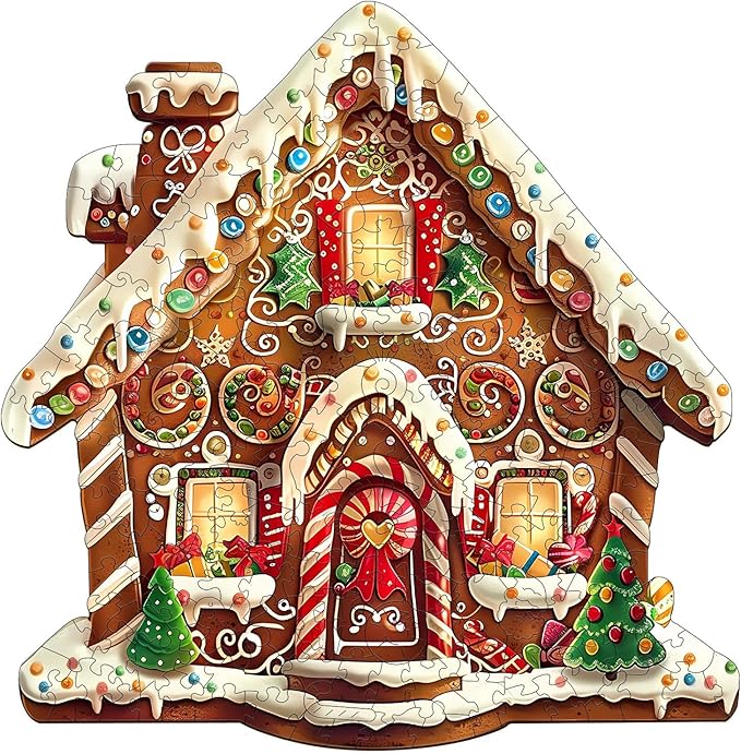 Wooden Puzzles for Adults, Christmas Gingerbread House Wooden Jigsaw Puzzle, Unique Shape Wood Puzzles Adult, Presents for Family, Wall Art Home Decor (M-11.2 * 11in- 185 Pieces)