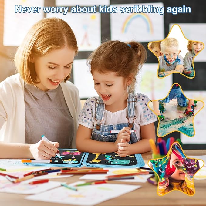 Erasable Doodle Set for Kids - Magic Drawing Book With 12 Watercolor Pens, 14 Page Reusable Book, Road Trip Car Game Writing Painting Set for Boys and Girls