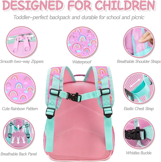 Toddler Backpack for Girls 2-4,Preschool Kindergarten Rainbow Backpacks,Small Backpack for Kids,Toddler Bookbag with Chest Strap