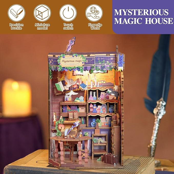 MOMIBOOK Book Nook Kit 153 Pcs DIY Miniature Dollhouse Kit for Adults, 3D Wooden Puzzle Mini Booknook Bookend Bookshelf Decor, Tiny House Model, Party Christmas Birthday Gifts, Fingertip Magic Cabin