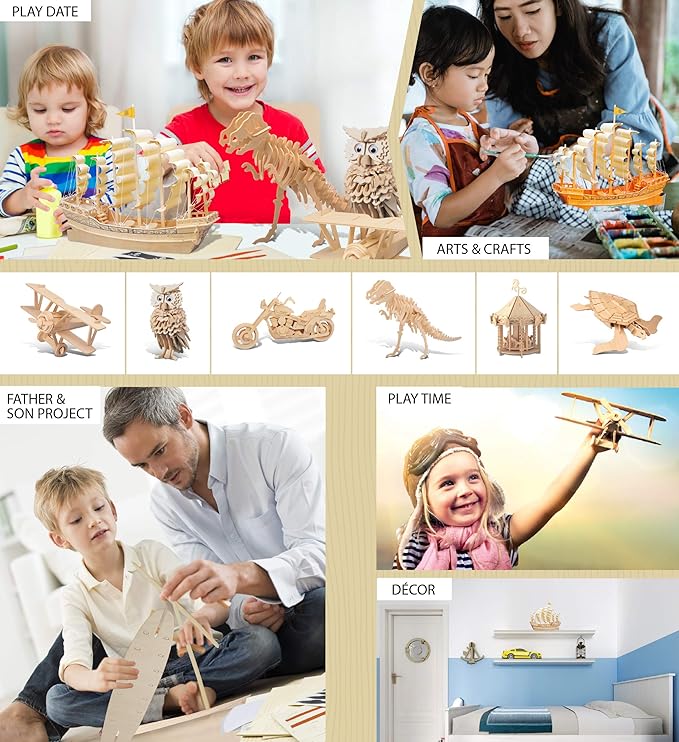 Puzzled 3D Puzzle Ancient Sailboat Wood Craft Construction Model Kit, Unique & Educational DIY Wooden Toy Assemble Model Unfinished Crafting Hobby Boat Puzzle 91 Pieces