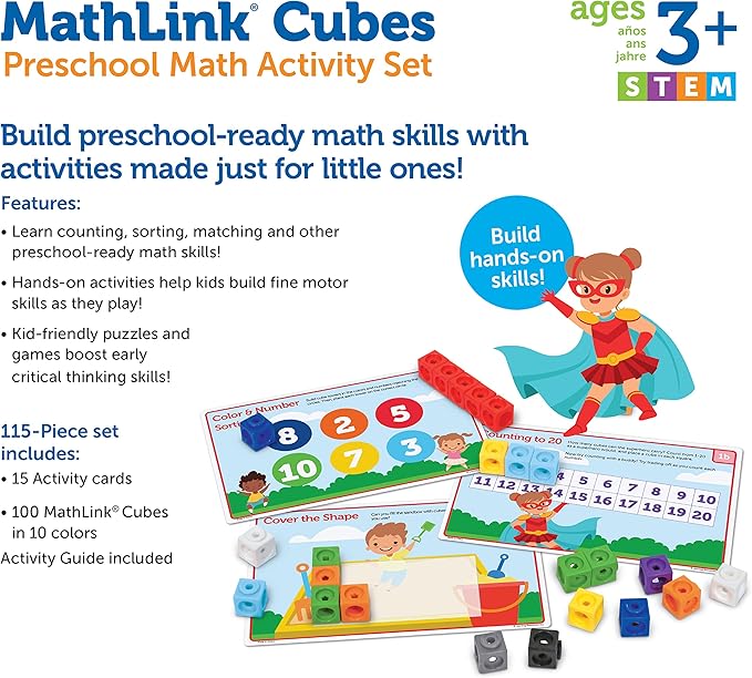 Learning Resources MathLink Cubes Preschool Math Activity Set - Classroom Must Haves, Teacher School Supplies, Toddler Montessori Toys,Building Blocks, Math Manipulatives, Homeschool Games