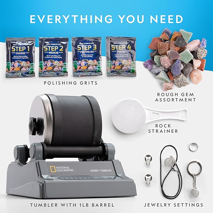 Blue Marble National Geographic Rock Tumbler Kit – Hobby Edition Includes Rough Gemstones, and 4 Polishing Grits, Great STEM Science Kit for Geology Enthusiasts, Rock Polisher for Kids and Adults
