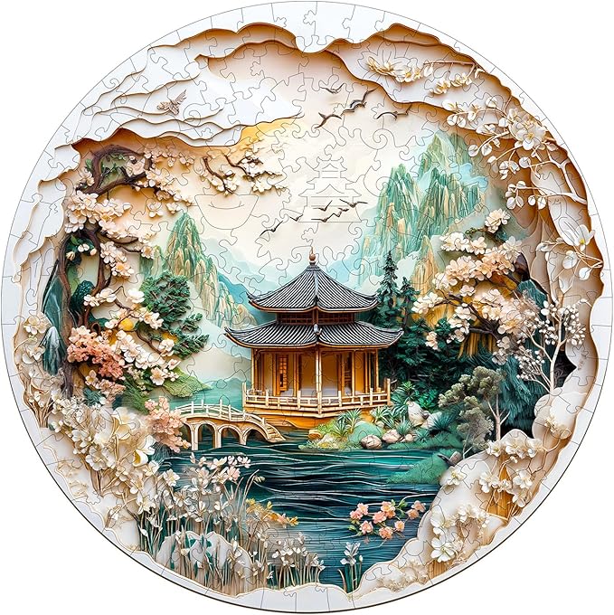 KAAYEE Wooden Puzzles for Adults, Chinese Landscape Painting Wooden Jigsaw Puzzle, 450 PCS Unique Shape Wood Puzzle Adult, 3D Visual Effect Flat Puzzle Birthday Family Games (XL-17.3 * 17.3in)