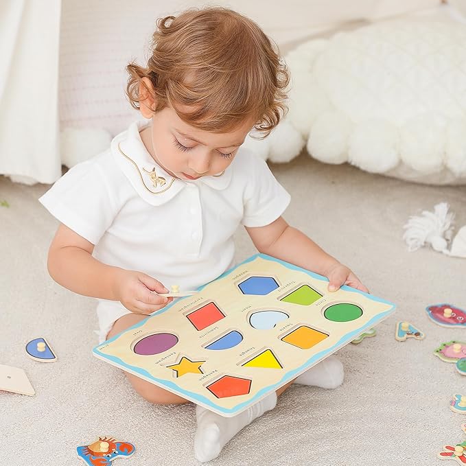 GRINNIE Wooden Toddler Puzzle for 3 4 5 Years Old, Preschool 4 PCS Learning Toy Ages 2-4 Kid Puzzles (ABC, Shape, Farm and sea Animals), Educational Toy Gift for Girls Boys Birthday Christmas