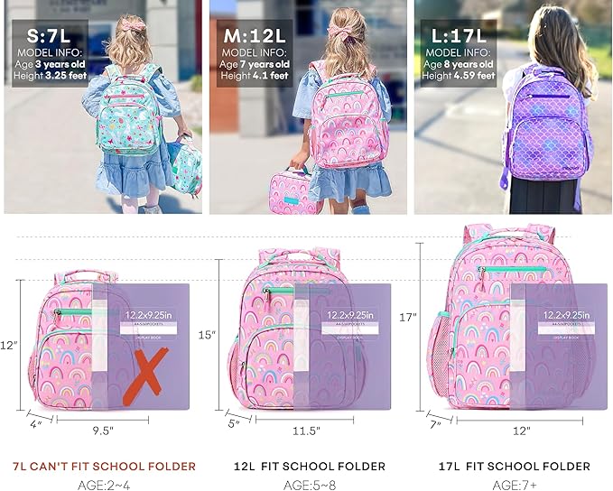 mibasies Girls Backpack: Large Kids Backpack Girls for Elementary School with Laptop Compartment - Rainbow Pink