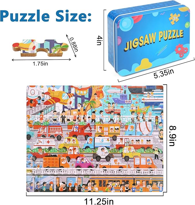LELEMON Puzzles for Kids Ages 4-8,Communications 100 Piece Puzzles for Kids,Educational Kids Puzzles Ages 6-8 Jigsaw Puzzles in a Metal Box,Cool Puzzles Toys Puzzle Games for Girls and Boys