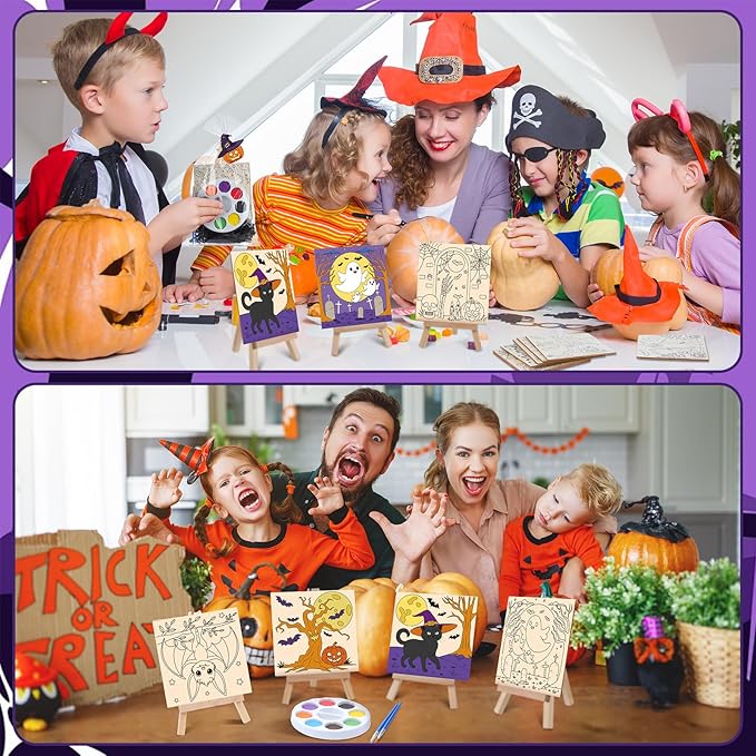 87 Pcs/12 Set Halloween Unfinished Wood Crafts Set Holiday Painting Gift Bulk Predrilled Wooden Ornaments Watercolor Paints with Cards Craft for Holiday Bags Party Supplies