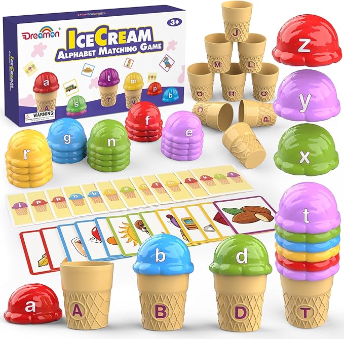 Ice Cream Color Sorting Toys for Toddlers, Montessori Learning Toys with ABC Letter Recognition Flash Cards for Preschool Kids (Alphabet)