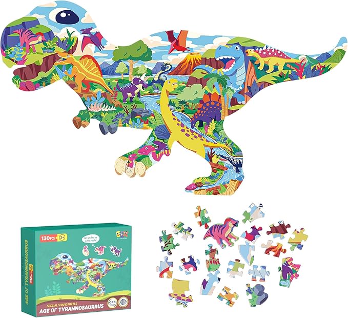 ELX 130 Piece Dinosaur World Jigsaw Puzzle for Kids 4-10, Tyrannosaurus Rex Floor Puzzle for Preschool Learning (21.42 X 16.42 in)