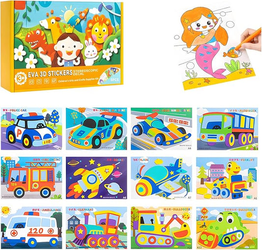 SEPSUMMER 3D EVA Sticker Craft, 12pcs/Set Sticker Puzzle Pleasure DIY Cartoon Animal Learning Education Program for Toddler Kids Art Craft Kits (New Transportation)