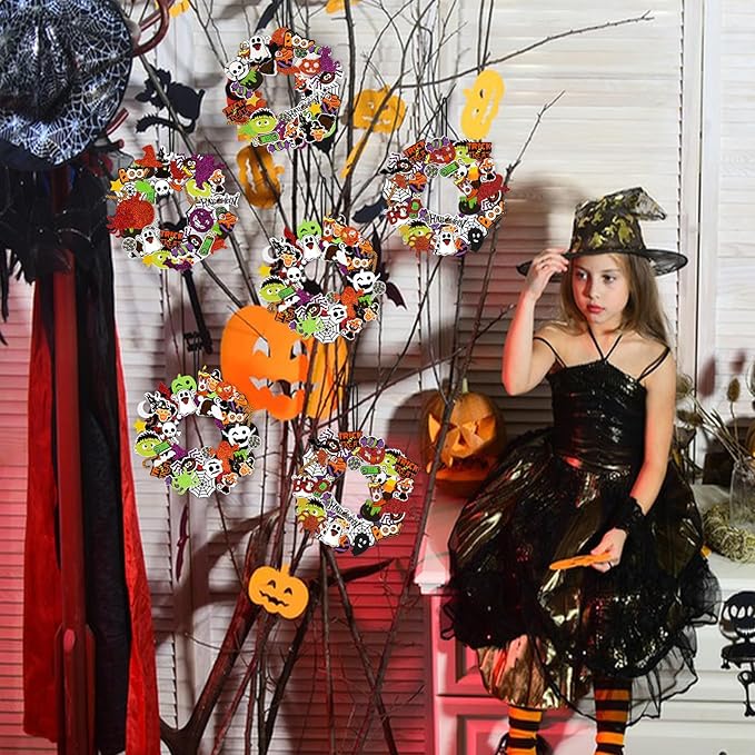 Openfly 12 Sets Halloween Wreath Craft Kit for Boys Girls, Halloween Wreath Sign Decorations Pumpkin Spider Bat Candy Stickers DIY for Home Classroom Party Decor