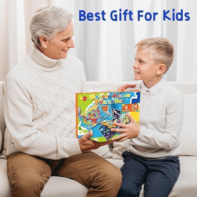 Wooden Puzzles for Toddlers 3 5, 6 Packs 24Pcs Solar System Wooden States World Map Kids Puzzles Ages 4 8, Preschool Educational Brain Toys Gifts for Boys and Girls 2 4 3 5 Year Old