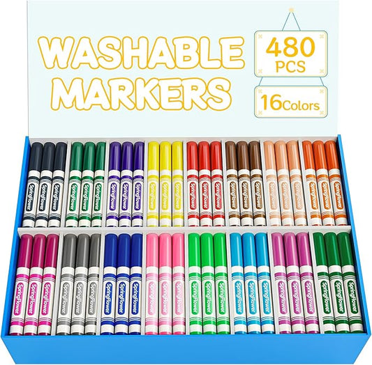 SpringFlower 480 Count Washable Markers Bulk, 16 Assorted Colors Markers Bulk Back to School Classroom Supplies, Broad Tip for Kids, Classroom School Teacher Must Haves