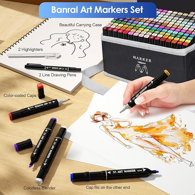 Banral 180 Colors Alcohol Markers Set, Dual Tip Alcohol Based Art Marker for Artists Kids Adult Coloring, Permanent Illustration Sketch Pens for Drawing with Case and Holders