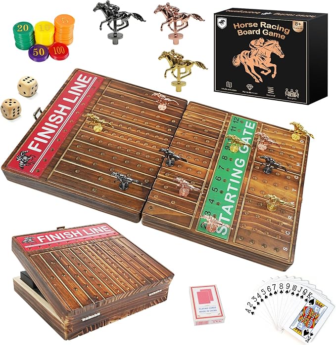 FUNNYB&G 21 inches Horse Race Board Game Foldable Large Horse Racing Game for Adults with 11 Metal Horses, Solid Wood 60 Pcs Poker Chips 2 Dice 1 Pack of Cards for Family Tabletop Parties(Brown)