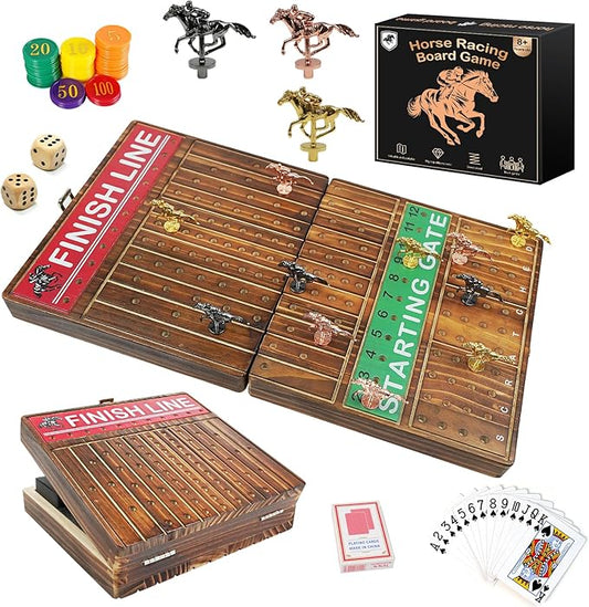FUNNYB&G 21 inches Horse Race Board Game Foldable Large Horse Racing Game for Adults with 11 Metal Horses, Solid Wood 60 Pcs Poker Chips 2 Dice 1 Pack of Cards for Family Tabletop Parties(Brown)