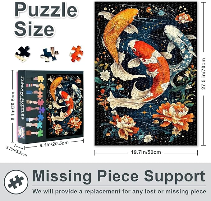 1000 Piece Puzzle for Adults Koi Fish - Jigsaw Puzzles 1000 Pieces, Hard Difficult Challenging Puzzle Blooming Flowers (27.5"x19.7"), Family Game Night Gift & Home Decor (Animal Theme)