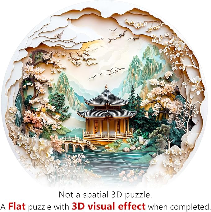 KAAYEE Wooden Puzzles for Adults, Chinese Landscape Painting Wooden Jigsaw Puzzle, 450 PCS Unique Shape Wood Puzzle Adult, 3D Visual Effect Flat Puzzle Birthday Family Games (XL-17.3 * 17.3in)