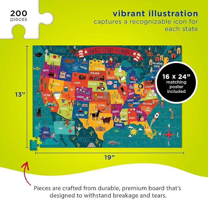 Crocodile Creek 200-Piece Jigsaw Floor Puzzle with Matching Poster - Fun Puzzles for Kids Ages 6-8 and Up - Heavy-Duty Storage Cylinder with Handle - USA Map - 19" x 13" Finished