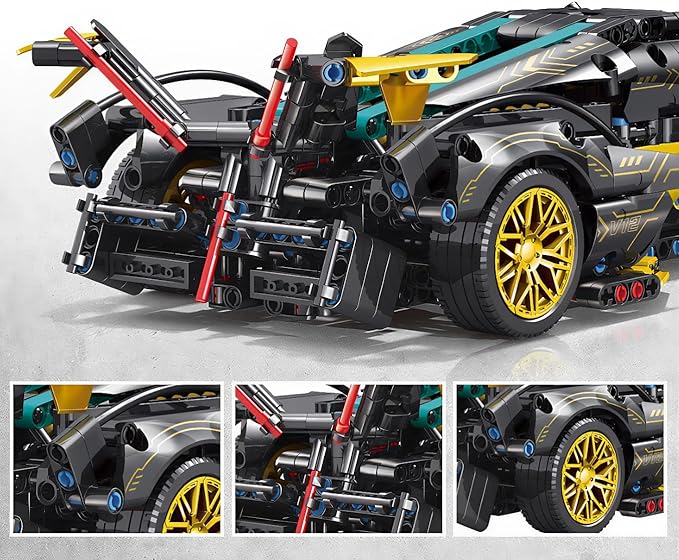 1:14-Scale RC Car Model Kit - Black-and-Gold Retro Supercar with APP Control, LED Lights, and Functional Scissor Doors for Creative Teens and Adult Hobbyists (1314 Pieces)