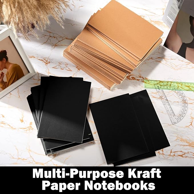150 Pack Kraft Notebook Journals 5.82 Inch x 4.13 Inch A6 Journal Softcover Notebooks Bulk for Kids Student Writing Sketch Travel Journal Office Notepad with 48 Pages 24 Sheets, Lined (Black, Brown)