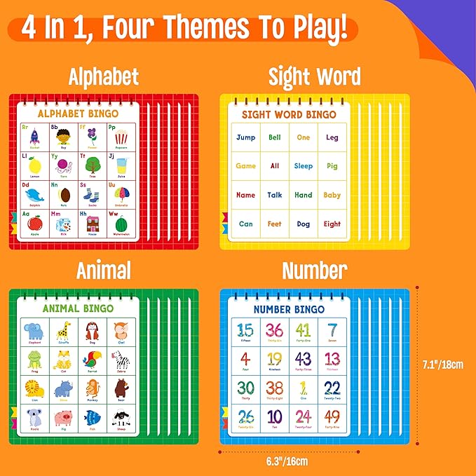 Family Bingo Game, Alphabet Animal Sight Word and Number Bingo Board Game, Counting and Matching Skills Classic Educational Game for Kindergarten and Preschool Kids, Perfect for Home and Classroom