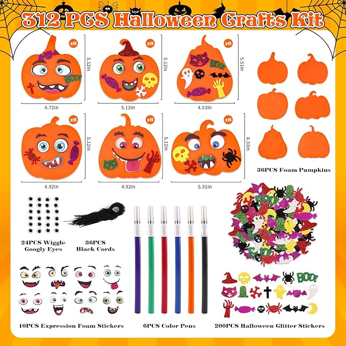 312 PCS Halloween Crafts for Kids, DIY Foam Pumpkins for Craft Bulk, Halloween Arts and Crafts for Party Favors Supplies, Halloween's Decorations, Classroom Craft Activities