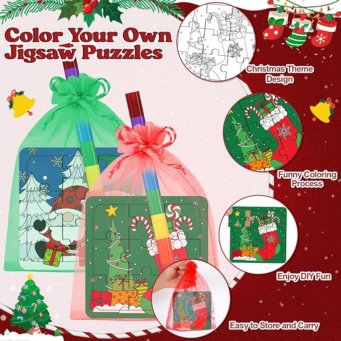 12 Sets Christmas Puzzles Color Your Own Puzzles DIY Jigsaw Crafts with 12 Stackable Crayons and 12 Bags for Learning Education Toys Gifts Prizes Birthday Party Supplies(12, Christmas)