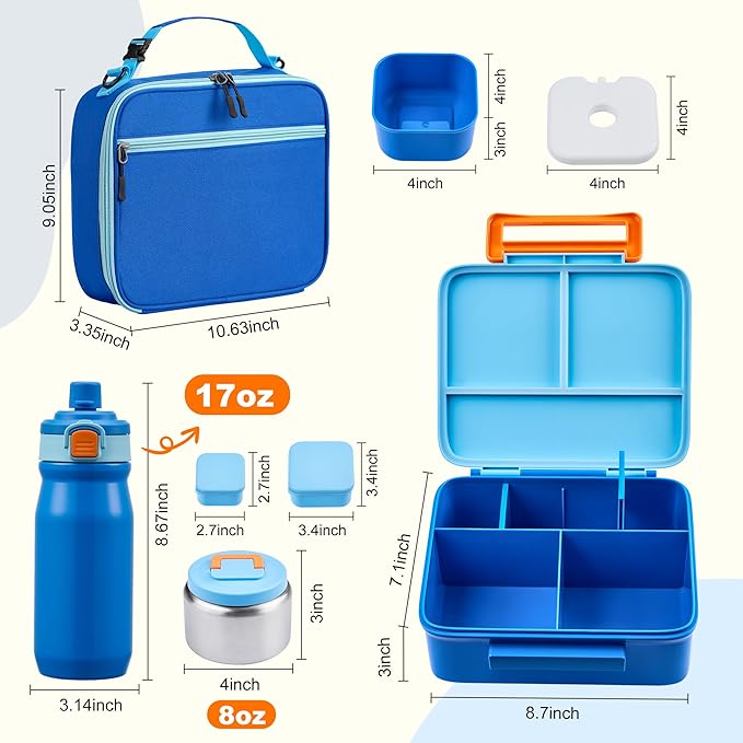 MAISON HUIS Kids Bento Box Set - Includes 8oz Soup Thermo, Insulated Lunch Bag & 17oz Stainless Steel Water Bottle, 5-Compartment Bento Box with Built-In Ice Pack, Leak-Proof & BPA-Free(Blue)