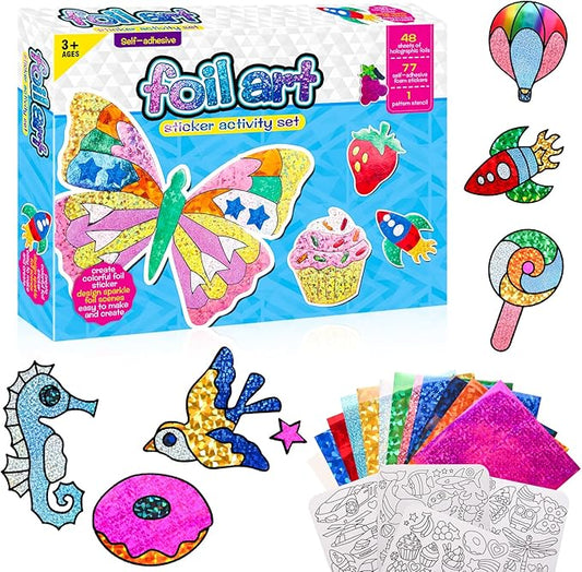 Foil Art Kit for Kids - Foils Fun Craft Kits & Supplies, No Mess Art for Kids, Foil Foam Stickers Art Craft Activity for Kid, DIY Creative Activity Birthday Christmas Gift Travel Toys for Girls Boys