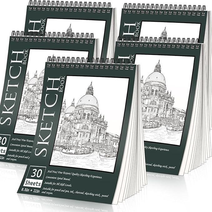 OSIMIG 5 Pack Sketch Book 8.5" x 11" Set, Top Spiral Bound Sketch Pad 150 Sheet Total (68lb/100gsm), Drawing Paper Pad, Sketch Book for Kids, Artist, Adult Art Supplies