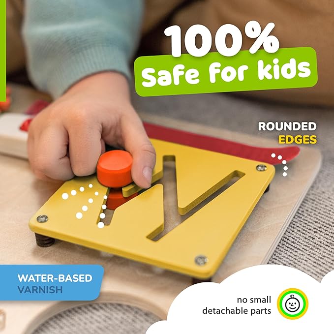 Montessori Busy Board for Toddlers, Premium Wooden Toddler Busy Board for 1 2 3 Year Old with 10 Educational Activities for Fine Motor Skills, Sensory Activity Toy for Travel, Gift for Boys & Girls