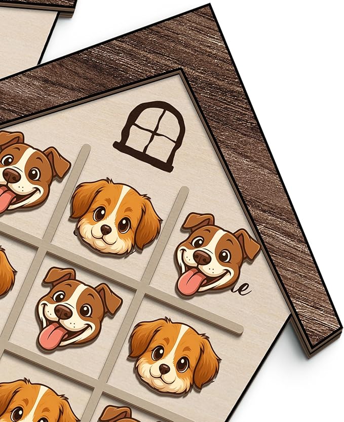 Personalized Dog XO Board Game, Personalized Cute Dog Wooden Noughts and Crosses Game, Pet Table Decor Road Trip Travel Game for Family (Dog 1)
