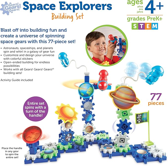 Learning Resources Gears! Gears! Gears! Space Explorers Building Set, 77 Pieces, Ages 4+, Gears & Construction Toy, STEM Toys, Gears for Kids