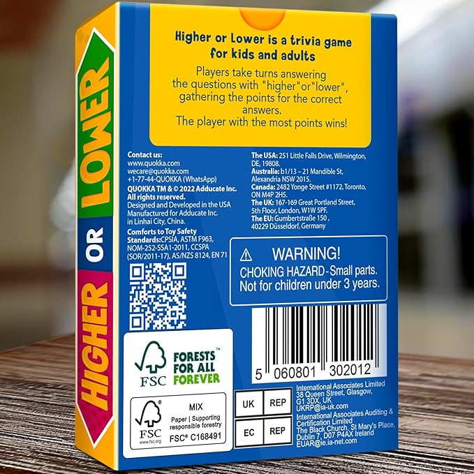 QUOKKA Trivia Board Games for Kids and Adults - Version V2.0 - Family Night Board Game 4xSet Higher or Lower Trivia Cards | Guess Fun Questions | 2 + Players - Challenge Your General Knowledge