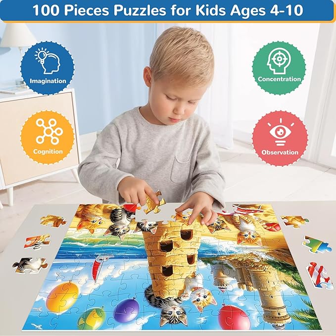 100 Pieces Puzzles for Kids Ages 4-8,Cat Animals Puzzle 100 Large Pieces Puzzle for Kids Teens Ages 4-6 6-8 8-10 Jigsaw Puzzles Educational Toys Birthday Gifts for Girls and Boys