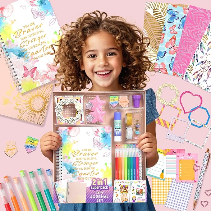 2-Pack DIY Journal Kit for Girls Ages 8-14 Year Old, Birthday Christmas Gifts for Teen Girls, 70+ Pcs Art & Crafts, Scrapbook & Diary Supplies Toy Set Trendy Stuff for Kids