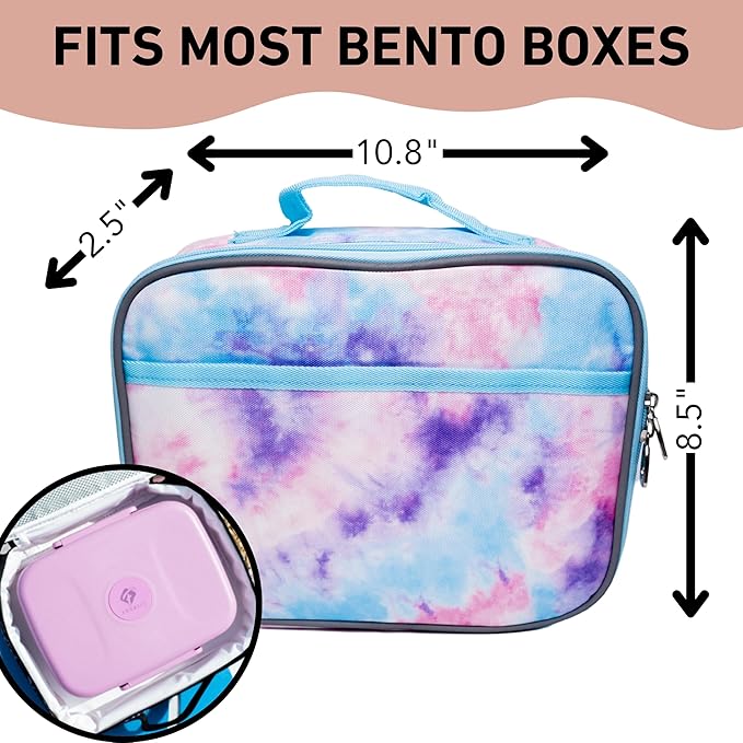 Fenrici Tie Dye Lunch Box for Girls, Teens, Women, Kids, Insulated Lunch Bag, Soft Sided Compartments, Spacious, BPA Free, Food Safe, 10.8in x 8.5in x 2.8in, Pastel Pink Tie Dye