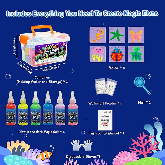 Kiditos Glow in The Dark Magic Water Elf Toy Kit-Squishies for Kids, 6 Gels & 6 Molds, Magic Gel Water Pets Sensory Toy, Fun DIY Craft Kit, Party Favors, Birthday & Christmas Gifts for Kids Ages 3+