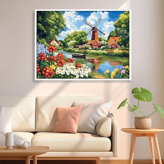 300 Piece Puzzles for Adult, Flower Jigsaw Puzzles 300 Pieces for Adults Kids Senior, Windmill River Adult Jigsaw Puzzles, Challenging Family Fun Puzzle Activity Game Gift for Friend 20.5 X 15 in