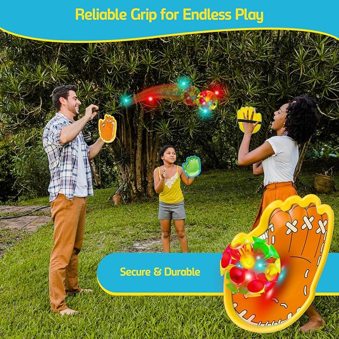 punkdog LED Toss and Catch Ball Game Set - 2 LED and 2 Regular Suction Cup Ball with 4 Easy-Grip Gloves - Beach Sports Toys for Kids - Outdoor Games for Backyard or Park - Christmas for Kids