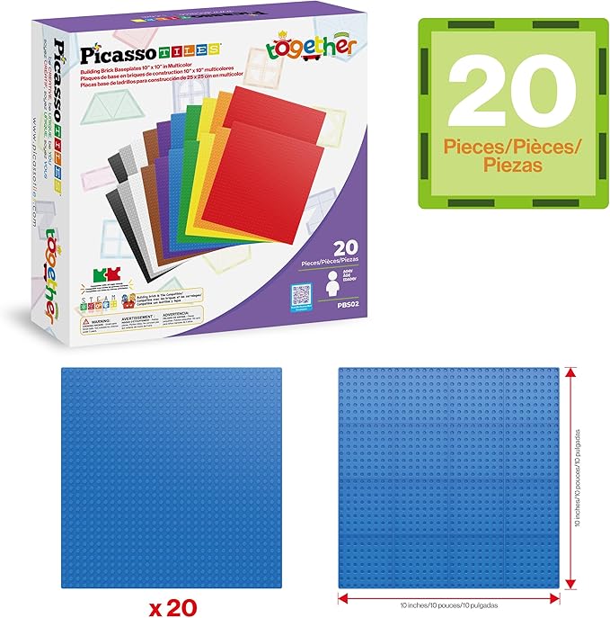 PicassoTiles Brick Baseplate Classic Building Block Foundation Kit 20 Pack 10"x10" Platform Multi Color Bricks Stud Blocks Compatible with All Major Brands STEM Construction Set Kids Ages 3+ PBS02